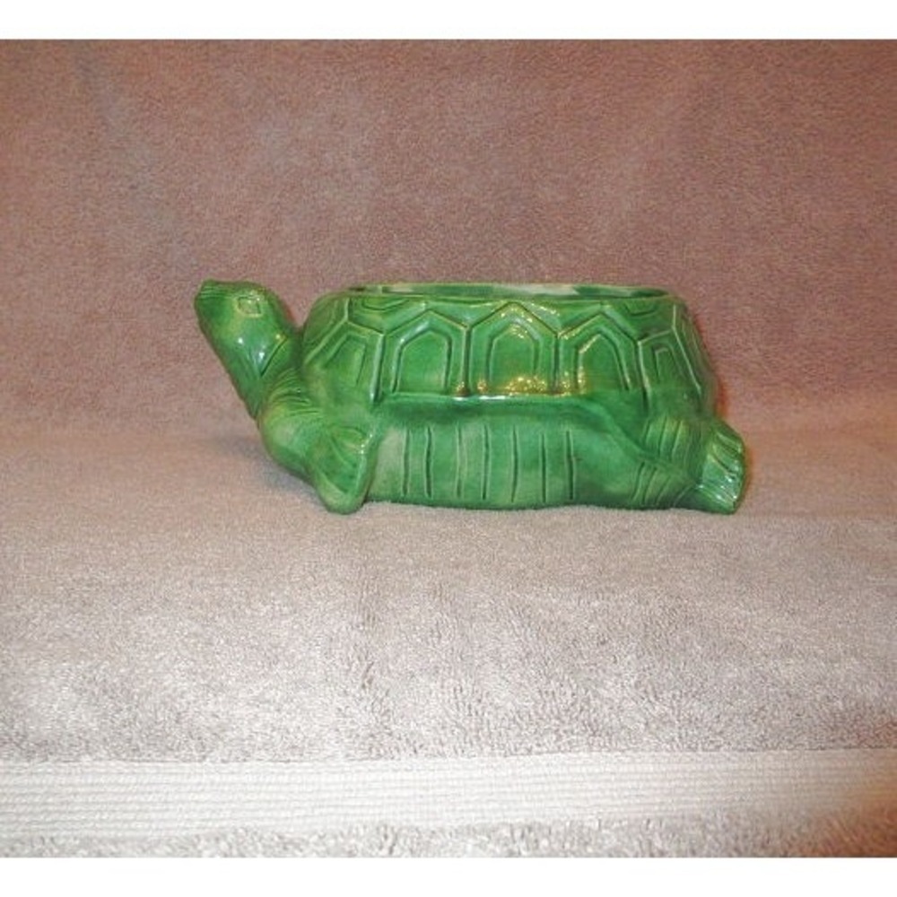 70s Vtg Great Plains Turtle Planter Green Glaze Pottery USA Made Art MCM 10"